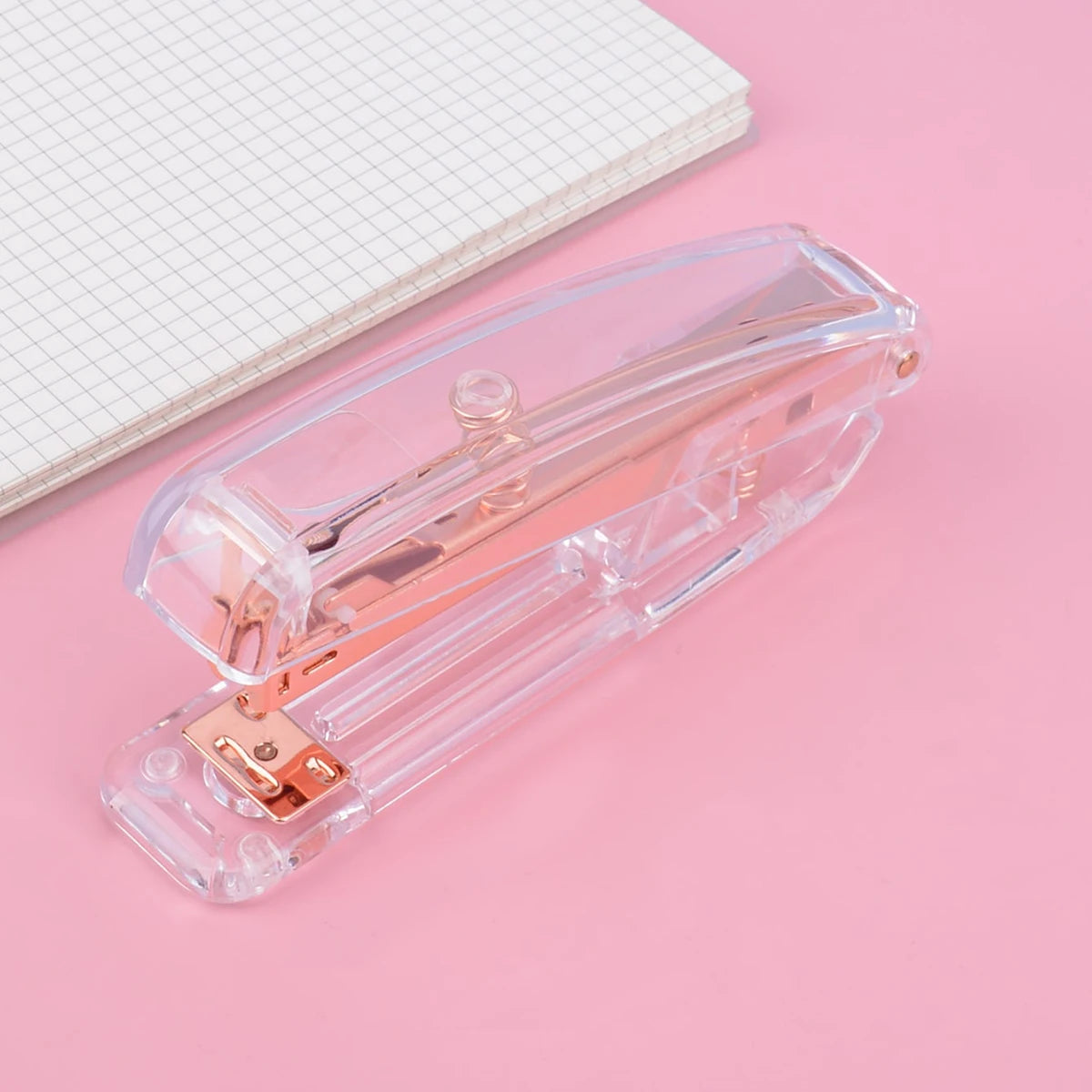 Rose Gold Clear Stapler, Transparent Desktop Paper Binder Detachable Staples, Effortless Push for Office School Stationery